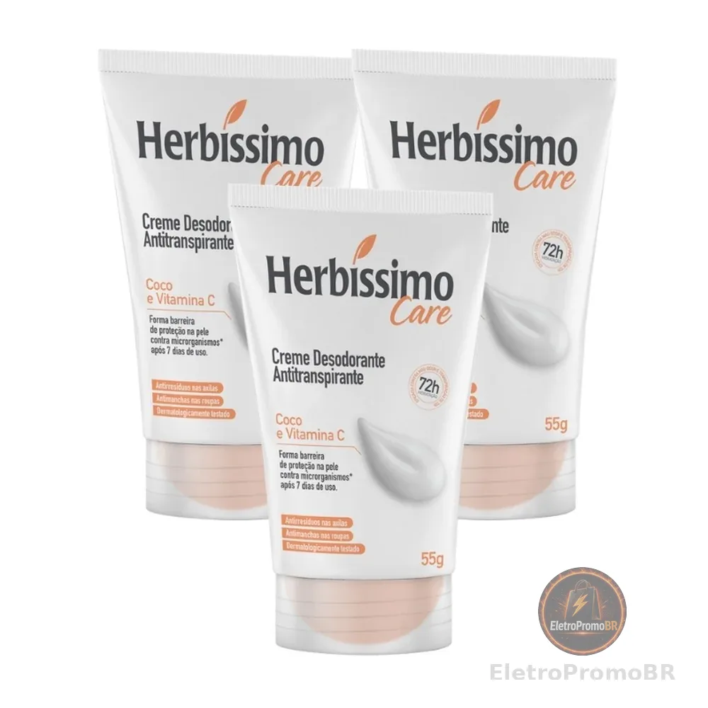 Kit Creme Desodorante Antitranspirante Herbíssimo Bisnaga Care Coco E Vitamina C 55g (3 unidades)