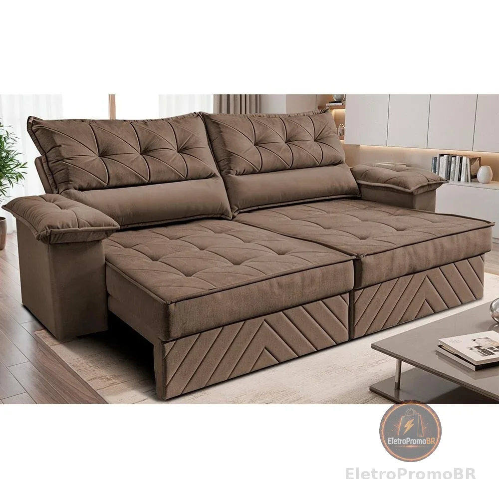 Sofá Retrátil e Reclinável 2,10m com Molas e Espuma D33 Thunder. Velusoft Cama inBox