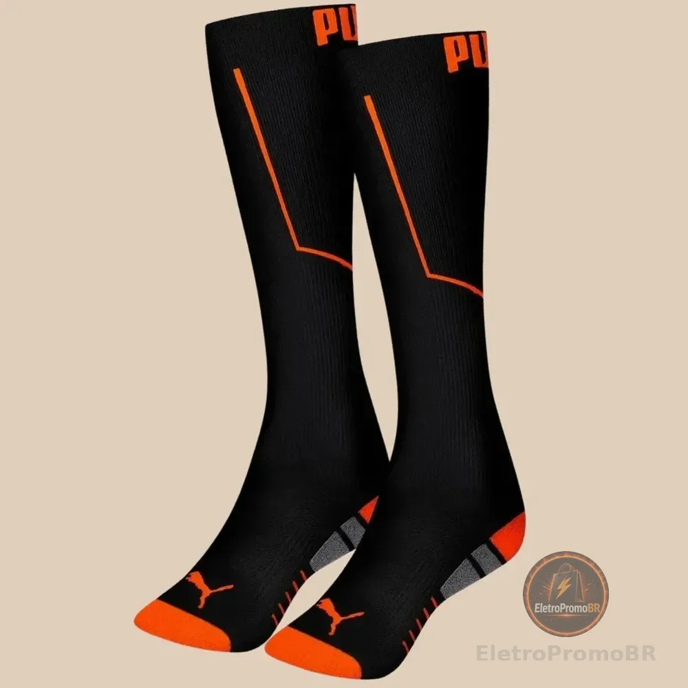 Meia Esportiva Puma Cano 3/4 Masculina Leve Compressão Dry Preto E Laranja Logo G