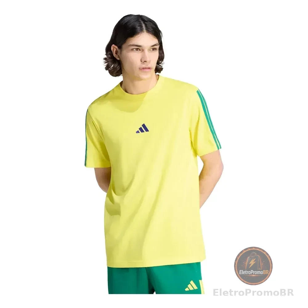Camiseta adidas Essentials Três Listras Malha Simples Mascul Amarelo/azul Gg
