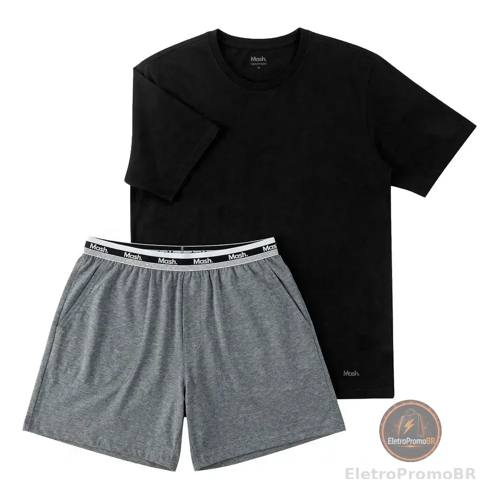 Pijama Algodão Manga Curta Gola Careca Com Elastico Mash Preto Liso M