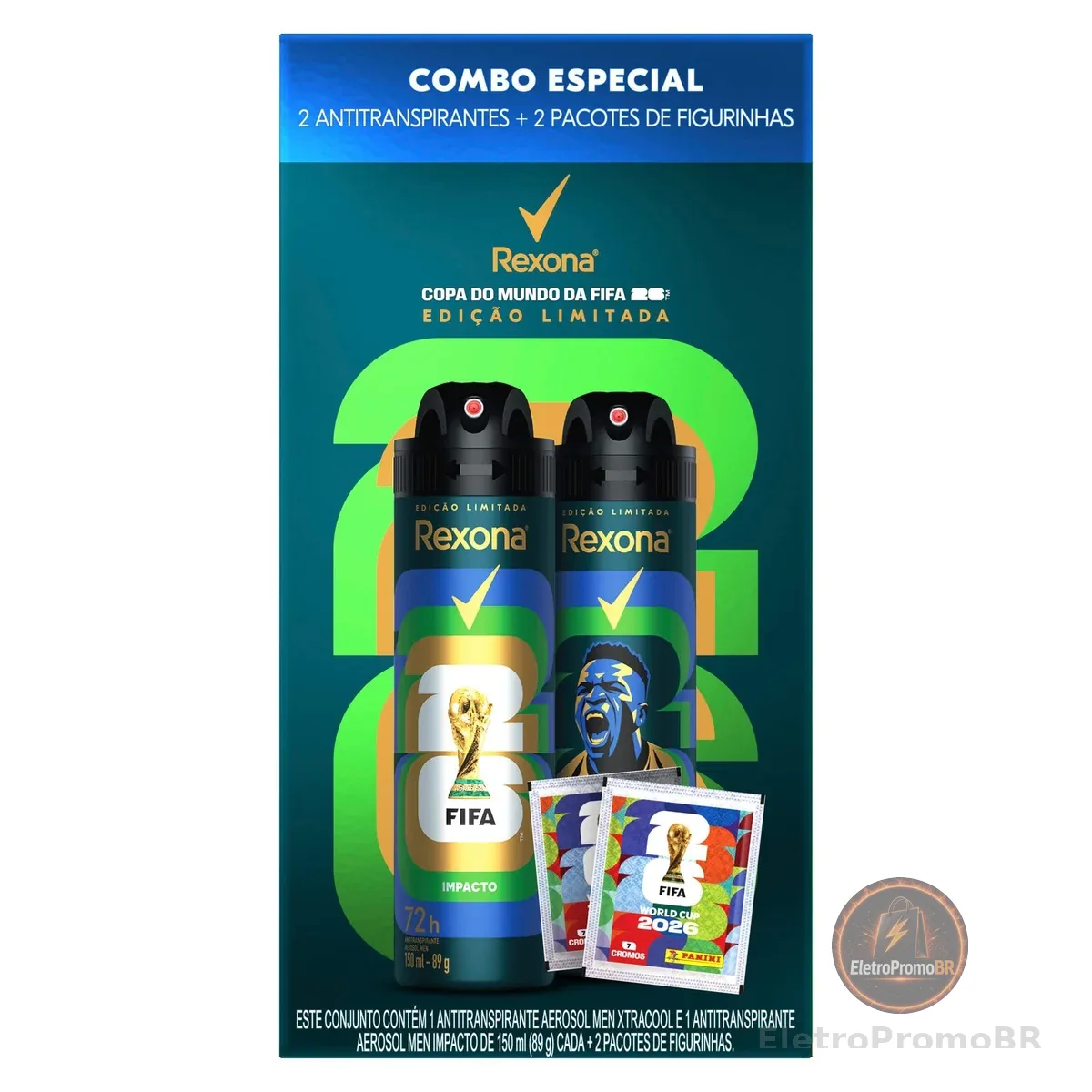 Kit Rexona Men Antitranspirante Aerossol Xtracool + Impacto 150ml + 2 Pacotes de Figurinhas - Edição Limitada Copa do Mundo da FIFA 26