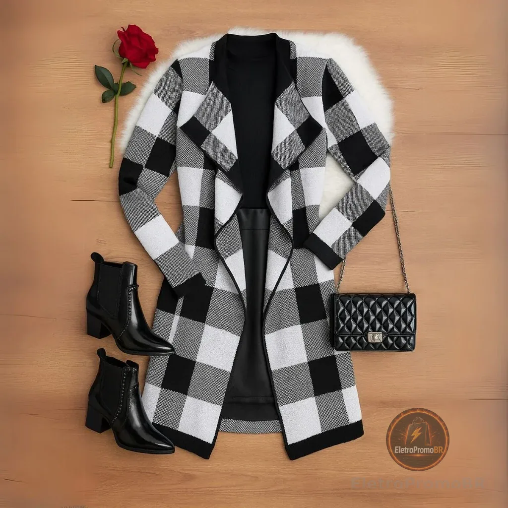 Cardigan Xadrez Casaco Kimono Sobretudo Tricô Moda Inverno Elegante Feminino Frio Lã Boho