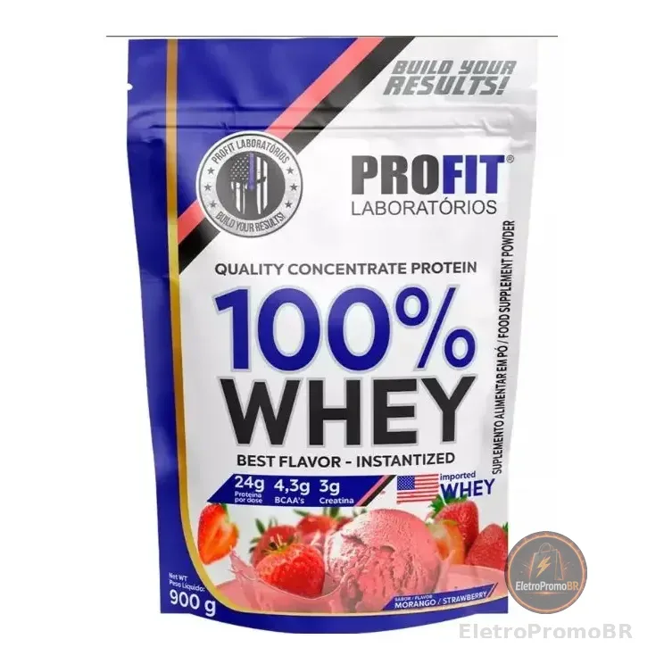 Suplemento Profit 100% Whey Sabor Morango De 900g - Pó