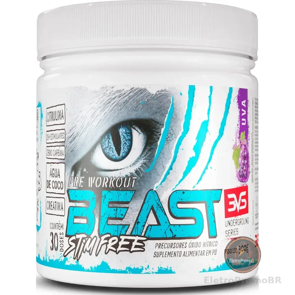Pré Treino Sem Cafeína Beast 300g - Sabor Uva - Fórmula Exclusiva Com Citrulina, Beta Alanina, Creatina, Água De Coco, Arginina, Taurina E Tirosina