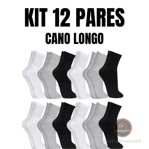 Kit 12 Pares de Meias Cano Alto unissex algodão