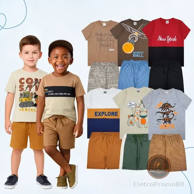 Kit 6 Peças Infantil Verão Menino 3 Camisetas + 3 Bermudas