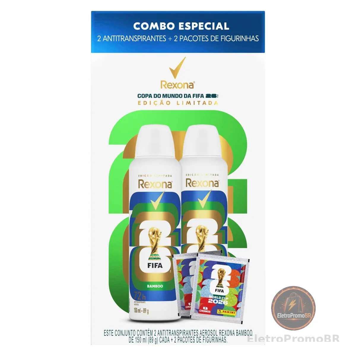 Kit Rexona Antitranspirante Aerossol Bamboo 2 Unidades de 150ml + 2 Pacotes de Figurinhas - Edição Limitada Copa do Mundo da FIFA 26