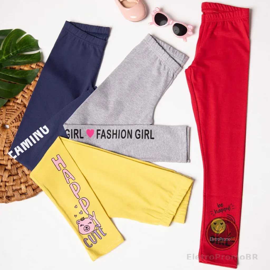 Kit de 4 Calças Leggings de Cotton Cores Sortidas para Meninas Tamanho 2 ao 10 Roupa Infantil Menina Bebê
