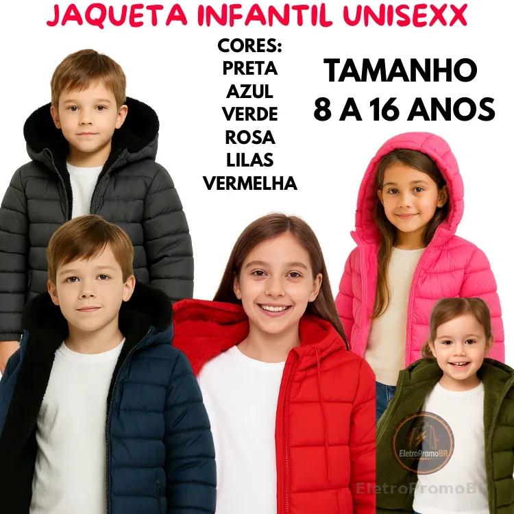 Jaqueta Infantil Juvenil Puffer Forrada Pelúcia COM Capuz BLUSA DE Frio 4 a 18 ANOS UNISEXX VERMELHA PRETA VERDE AZUL
