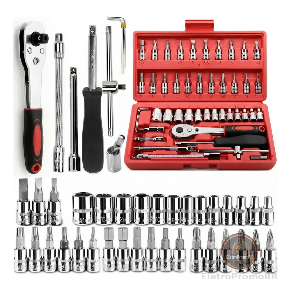 Kit 46 Peças Jogo De Chave Catraca Soquete Combo Maleta Vermelho