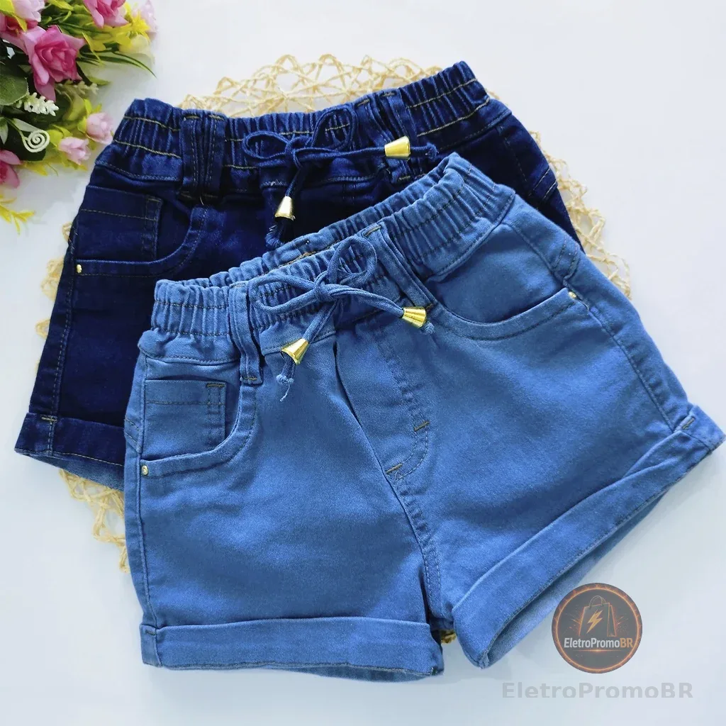 Shorts Jeans Elástico Feminino Infantil Bolsos Verão Lycra