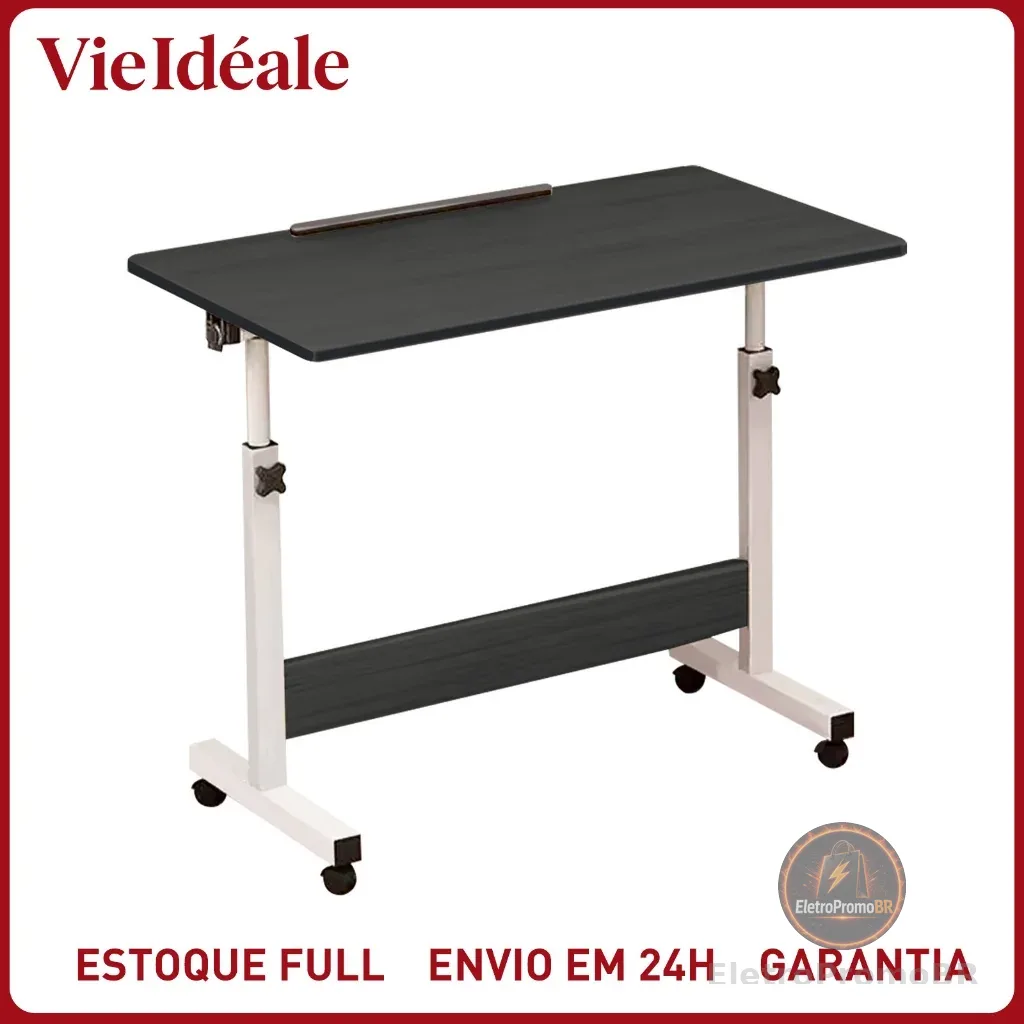 Mesa Giratória 180° Multiuso c/ Rodinhas Altura Ajustável - Notebook Cama Sofá Prática Preto