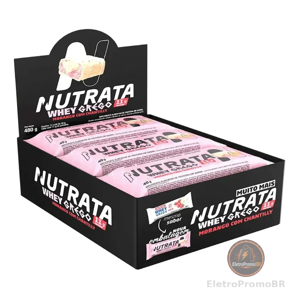 Barra Whey Grego 40g Display Com 12 Unidades Morango Com Chantilly Nutrata