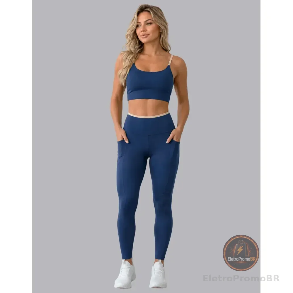 Conjunto Academia Top Calça Legging Fitness Roupa Kit Bolso Azul/areia Lisa G 40/42