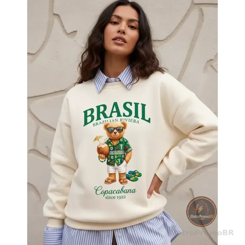 Moletom Feminino Blusa De Frio Urso Brasil Teddy Algodão M Bege 2