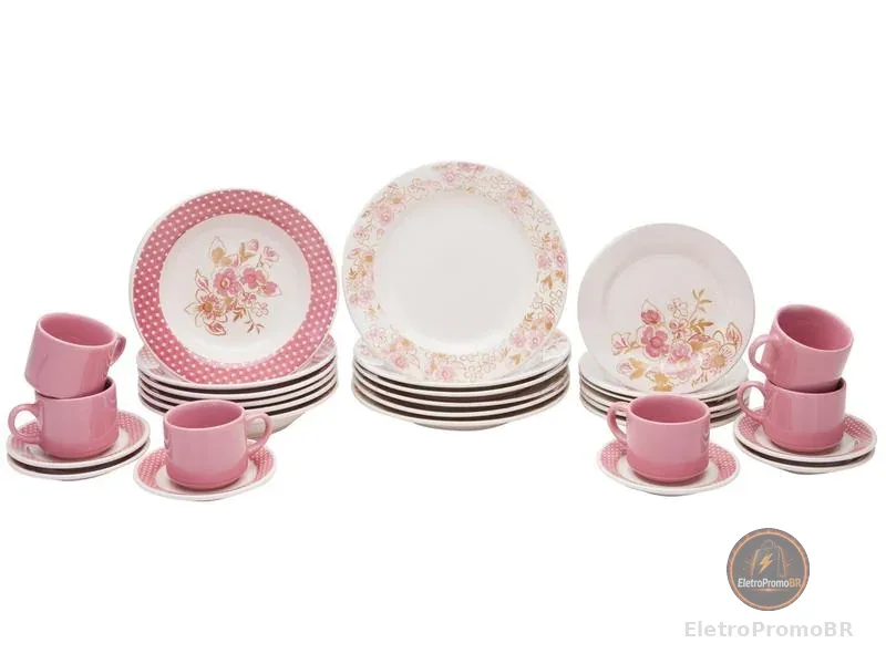 Aparelho de Jantar Chá 30 Peças Biona Cerâmica Redondo Rosa Donna AE30-5160 Oxford