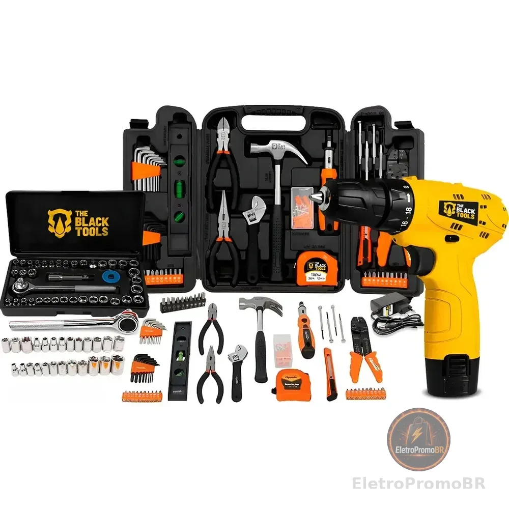 Kit Jogo Ferramentas 169 Peças Soquetes + Parafusdeira 12v Amarelo E Preto