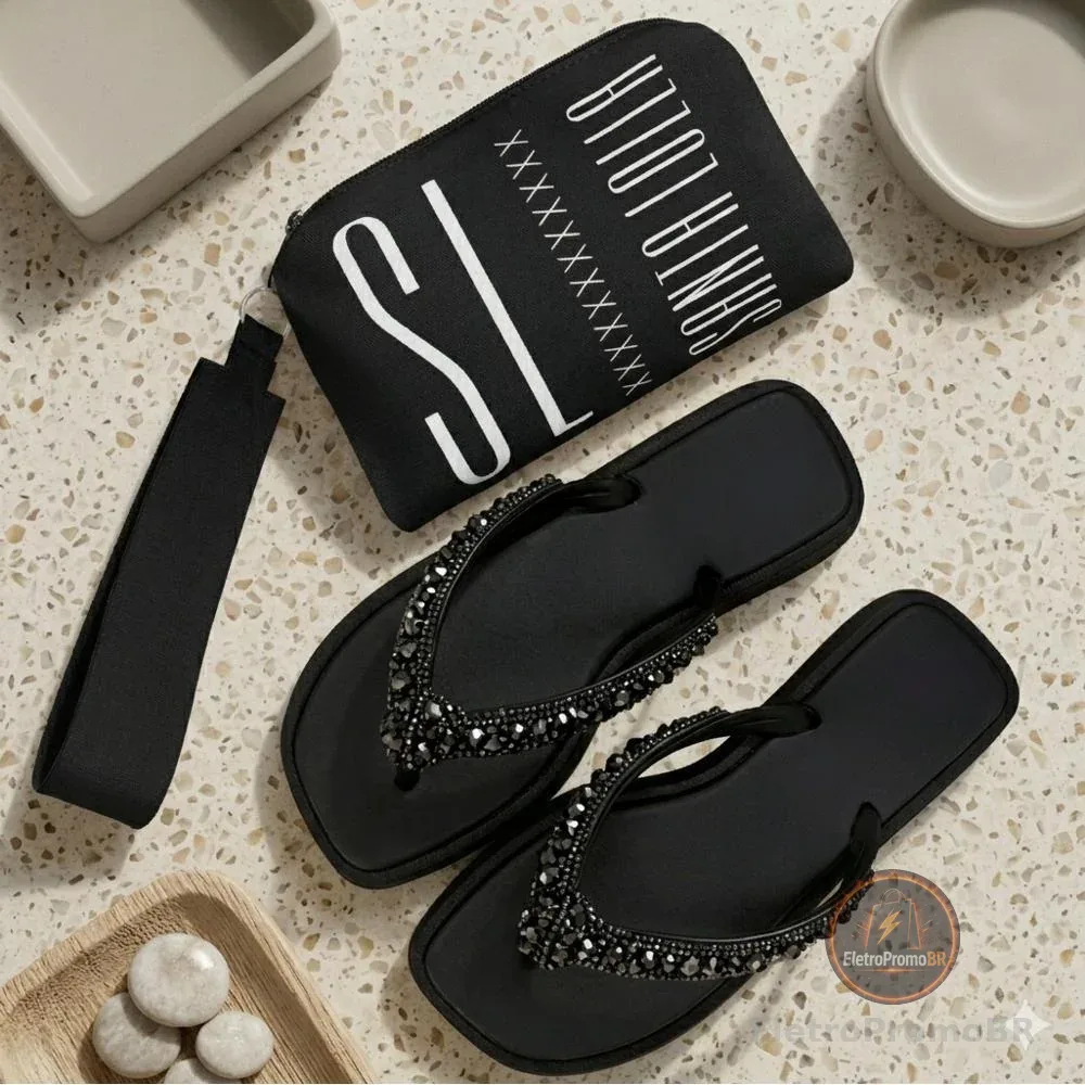 Kit Chinelo Feminino com Strass Brilho + Bolsa De Mao Carteira Luxo Sandália Slim Confortável Elegante