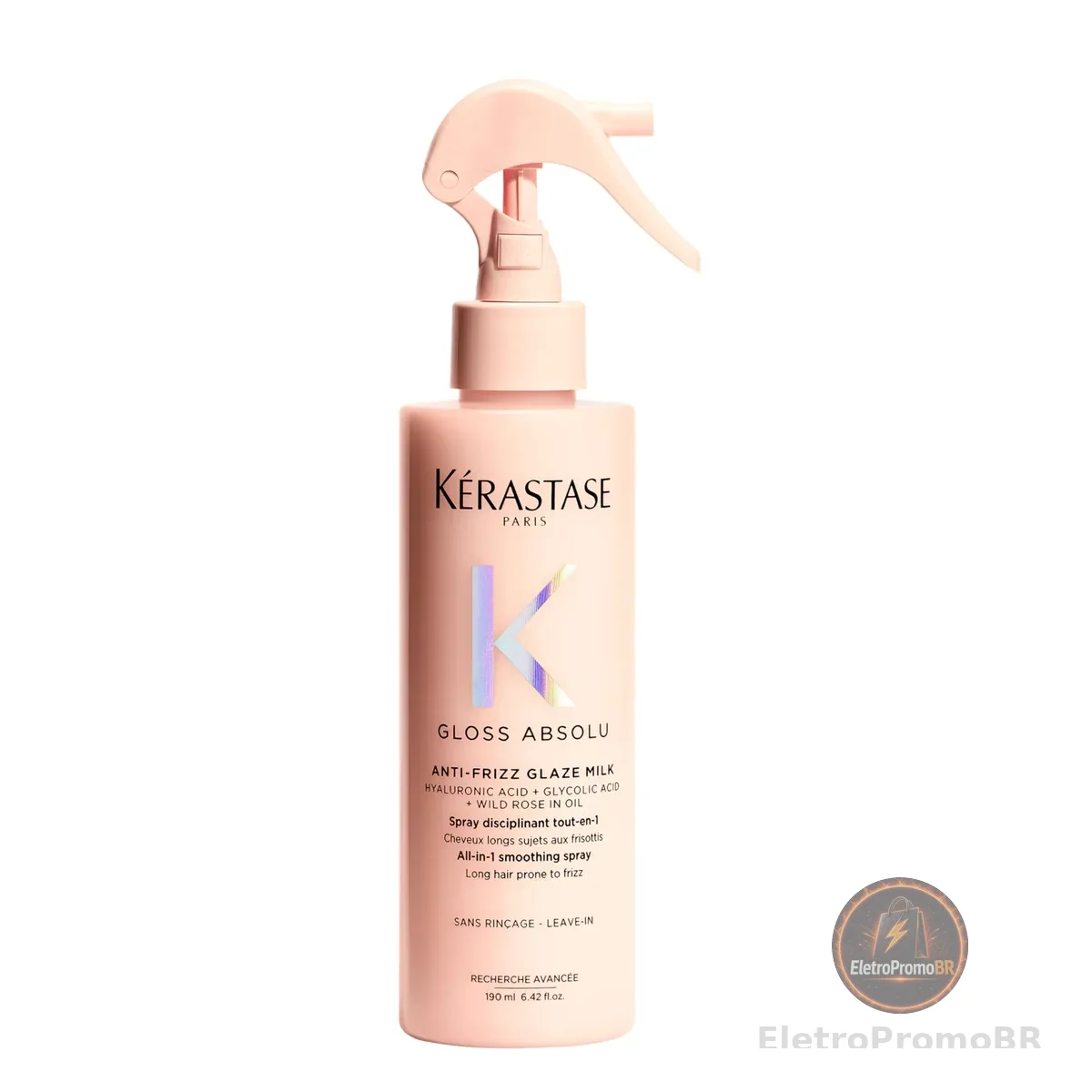 Kérastase, Spray, Gloss Absolu, Glaze Milk Anti-Frizz, para todos os tipos de cabelos, com ácido hialurônico, glicólico e óleo de rosa silvestre, proporciona brilho, protetor térmico, 190ml
