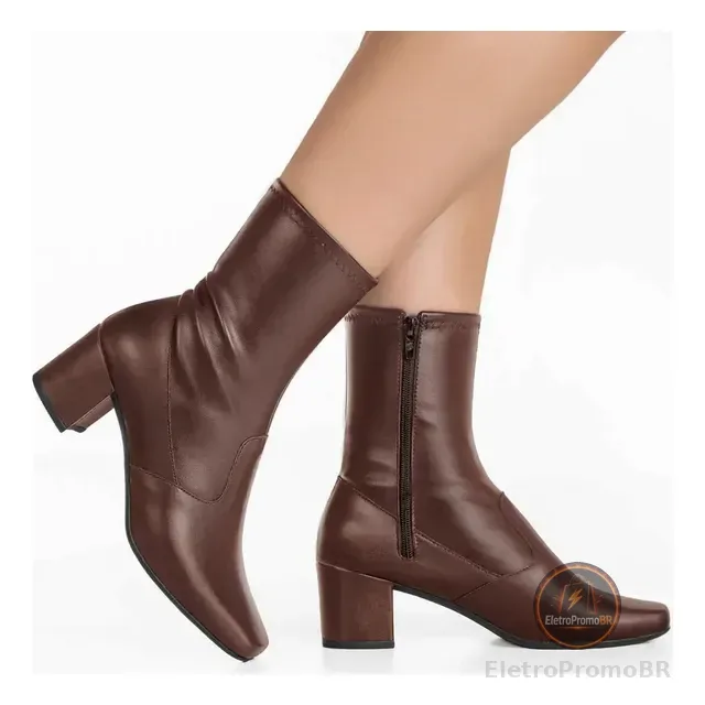 Bota Branca Feminina Stretch Bico Quadrado Salto Grosso