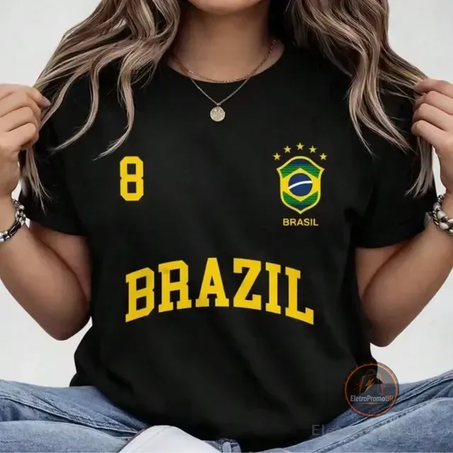 Blusa Feminina Brasil Hexa T-shirt Verão Manga Curta Algodão
