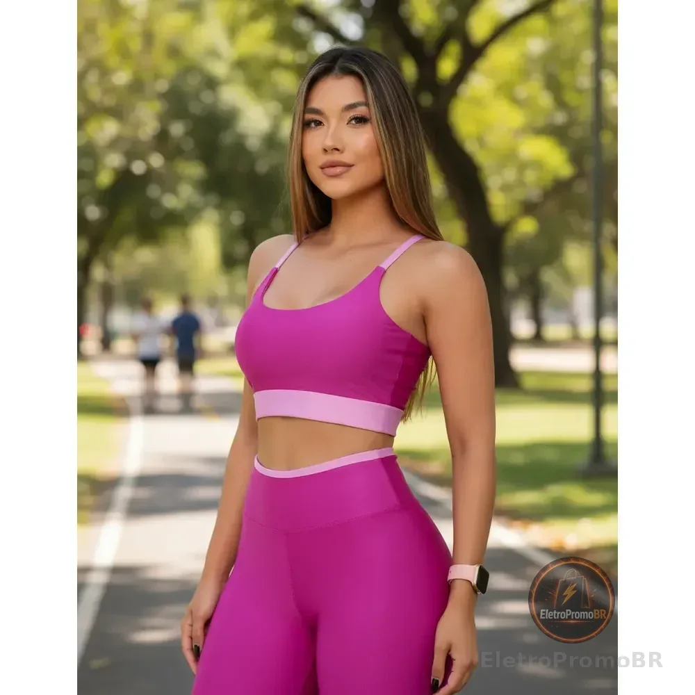 Conjunto Fitness Roupa Academia Calça Legging Cós Alto E Top Rosa 38-40