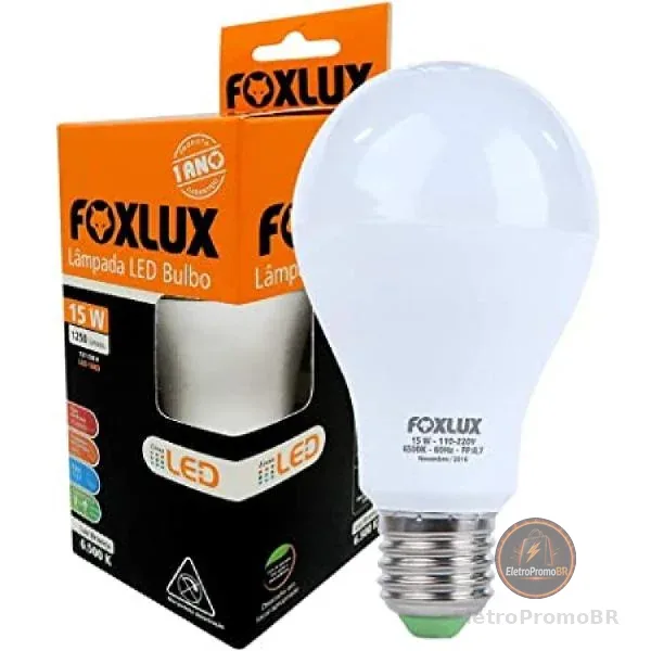 Lâmpada LED Bulbo Foxlux 15W 6500K Branco Frio Bivolt Base E27 Iluminação Residencial Comercial Economia de Energia