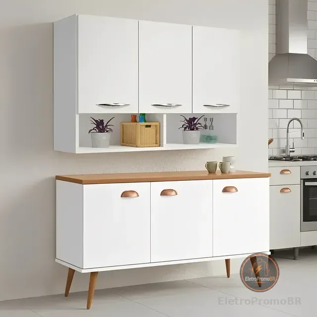 Kit Cantinho Café Buffet Balcão Cozinha + Armário Suspenso