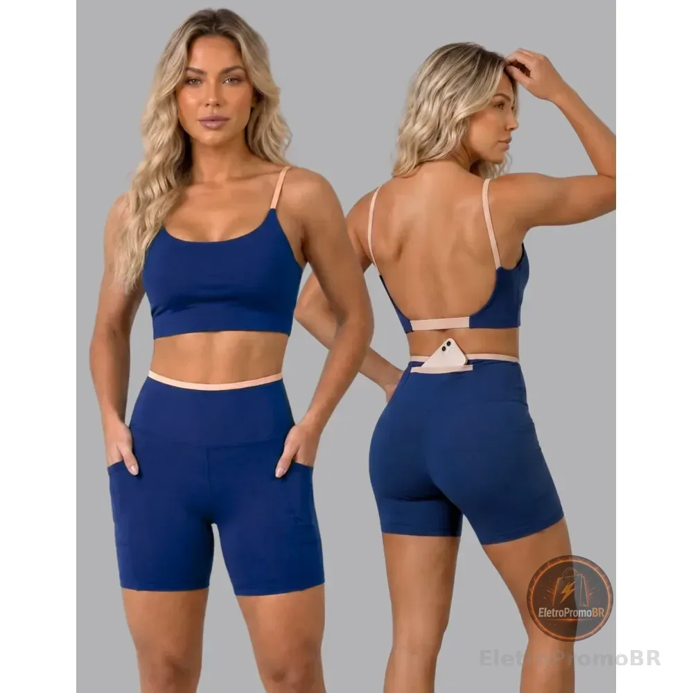 Conjunto Academia Fitness Top E Short Kit Zero Transparência Azul/areia Lisa M 38/40