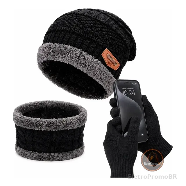 Kit Touca Gorro + Cachecol Echarpe Lã + Luva Touch Celular