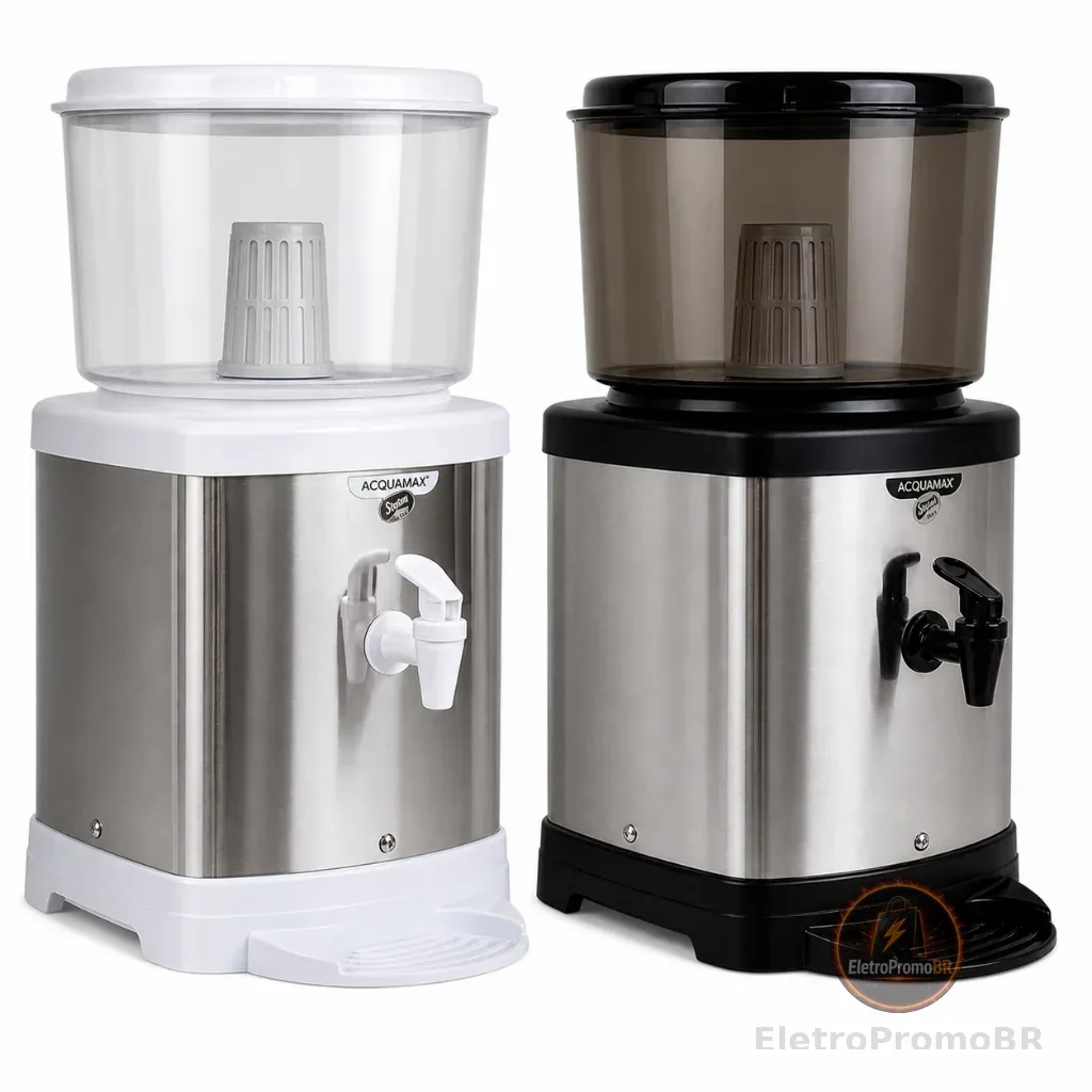 Bebedouro de Água com Filtro em Inox com Base De Barro e Suporte Branco e Preto