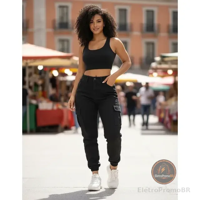 Calça Cargo Jogger Jeans Feminina Cintura Alta Com Lycra