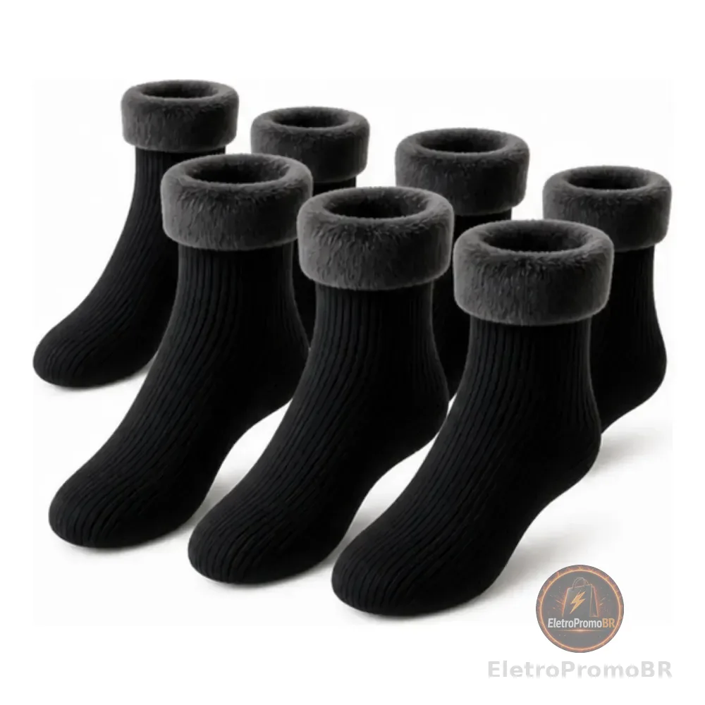 Kit 6 Meias Térmica Grossa Quente Inverno Frio Forrada Pelo Preto Kit 6 Meia 34-44