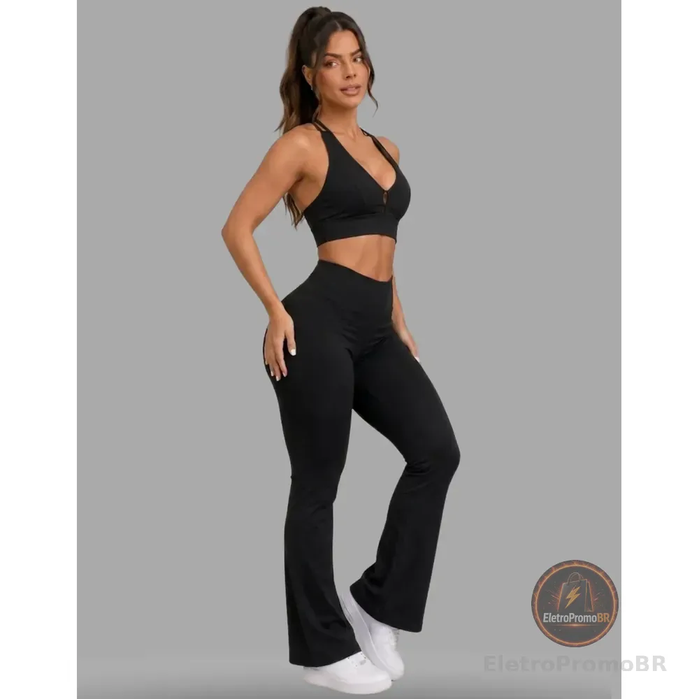 Conjunto Academia Top Calça Flare Legging Fitness Roupa Alta Preto Lisa M 38/40
