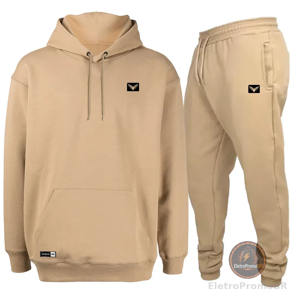 Conjunto Moletom Blusa De Frio + Calça Abrigo Modelo Canguru com Cordinha Neon Estampado