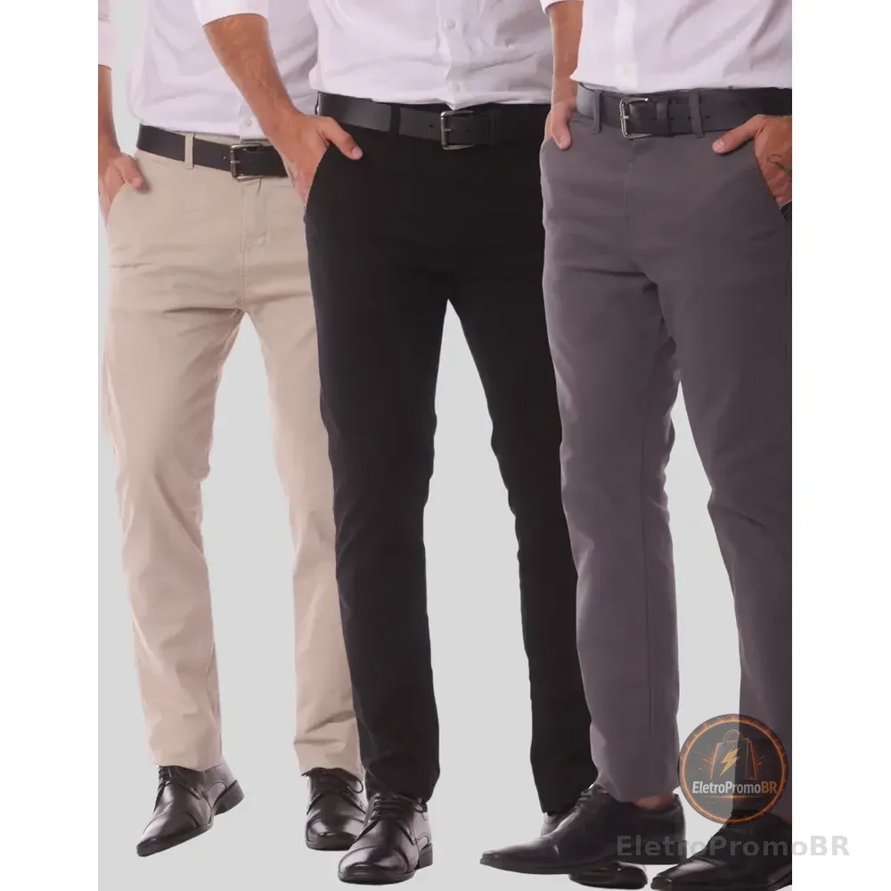 Kit 3 Calça Masculina Sarja Slim Alfaitaria Esporte Fino Preto-bege-chumbo 38
