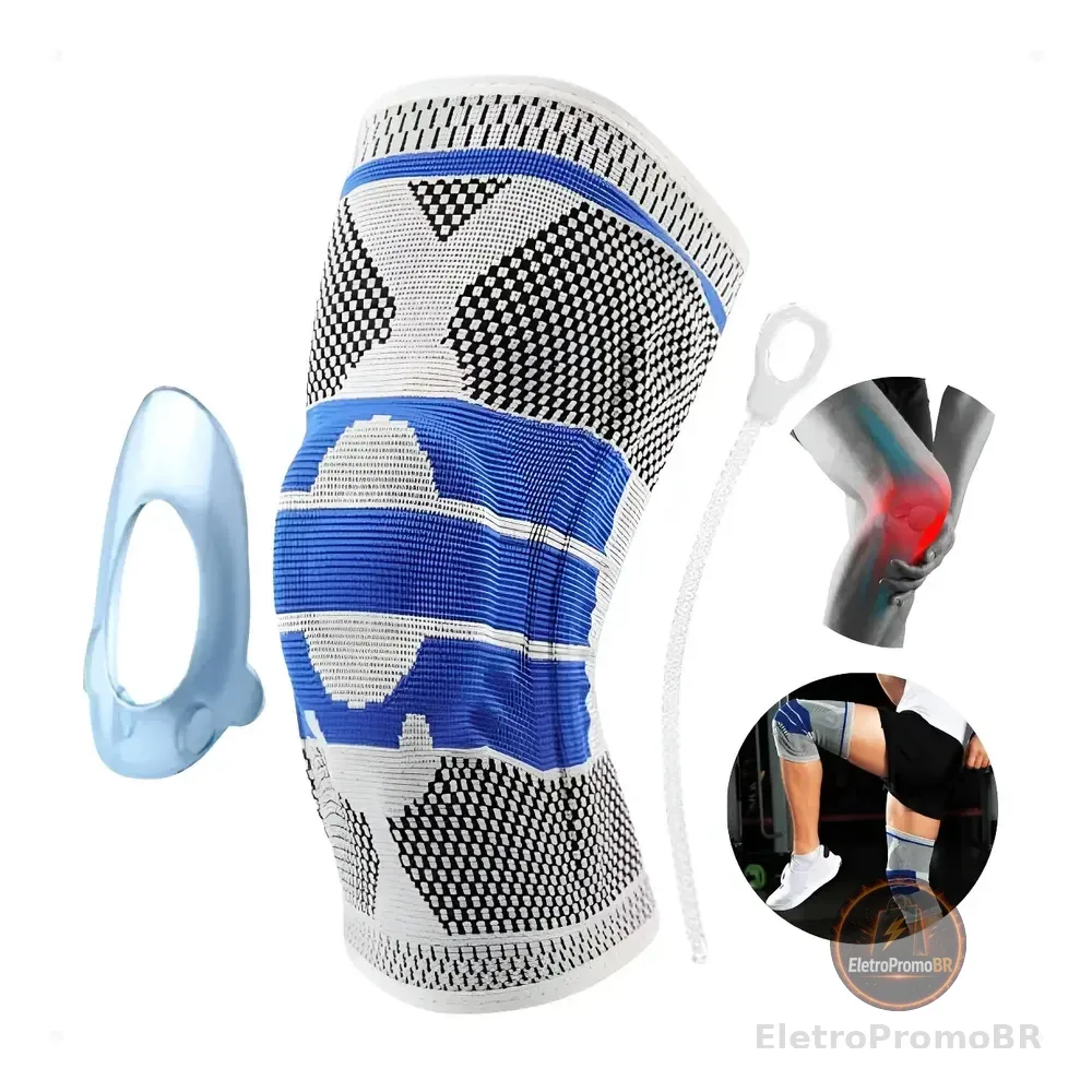 Joelheira Articulada Compressão Ortopédica Silicone Patelar Cinza E Azul M