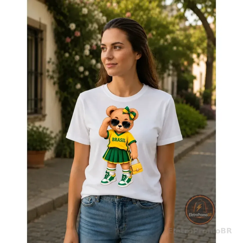 Blusa Camiseta Feminina Algodão Seleção Brasil Ursinha Patri Branco Ursinha Patriota Gg