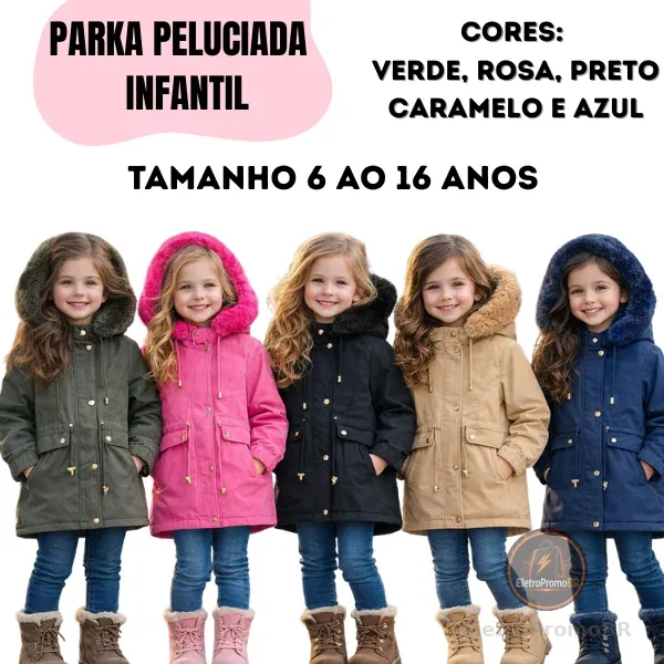 PARKA INFANTIL CASACO DE FRIO MENINA JUVENIL BLUSA PRO FIO KIDS JAQUETA PELUCIADA CAPUZ REMOVIVEL PUFFER PRETO ROSA PINK