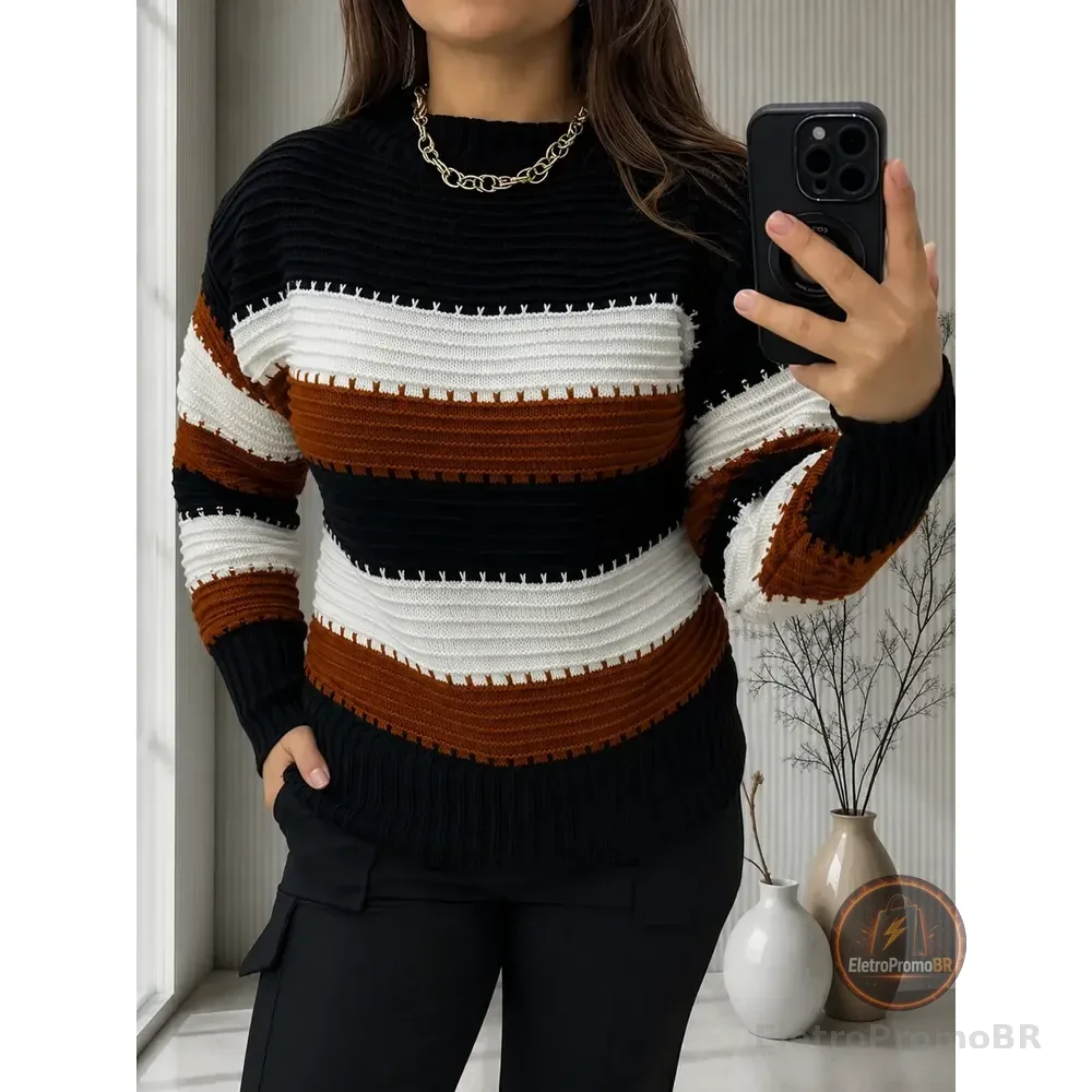 Blusa De Frio Listrada Suéter Feminino Tricot Moda Tricô Preta Listra Único