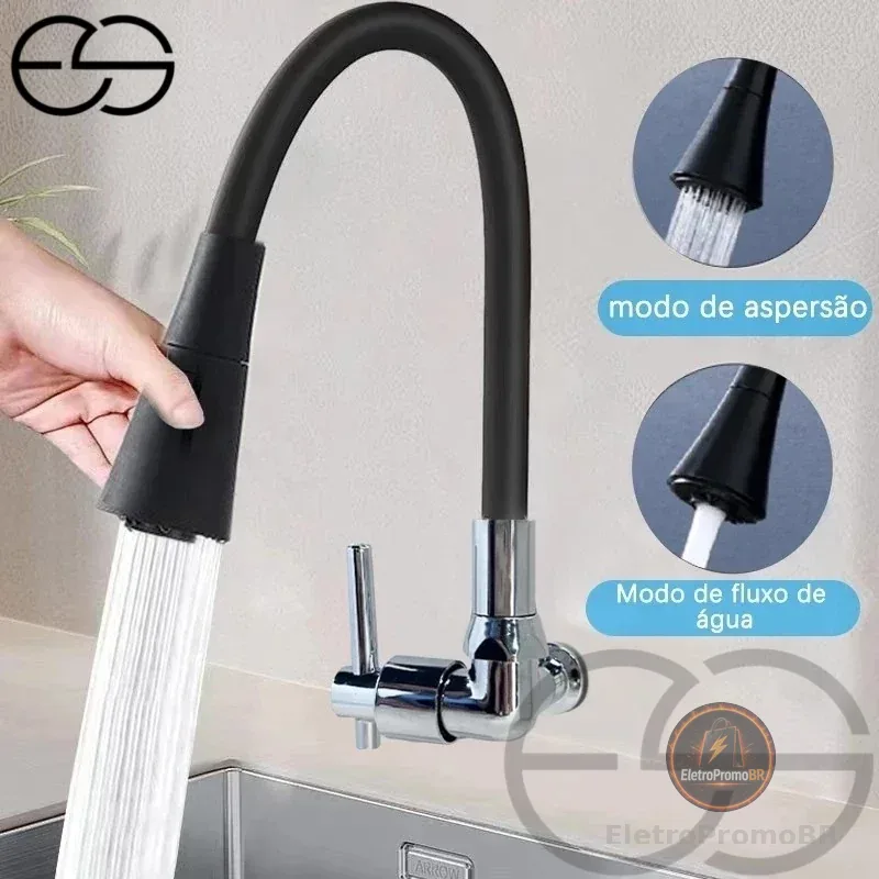 Torneira Gourmet Flexível Cozinha Parede Vertical Preto Prata ES