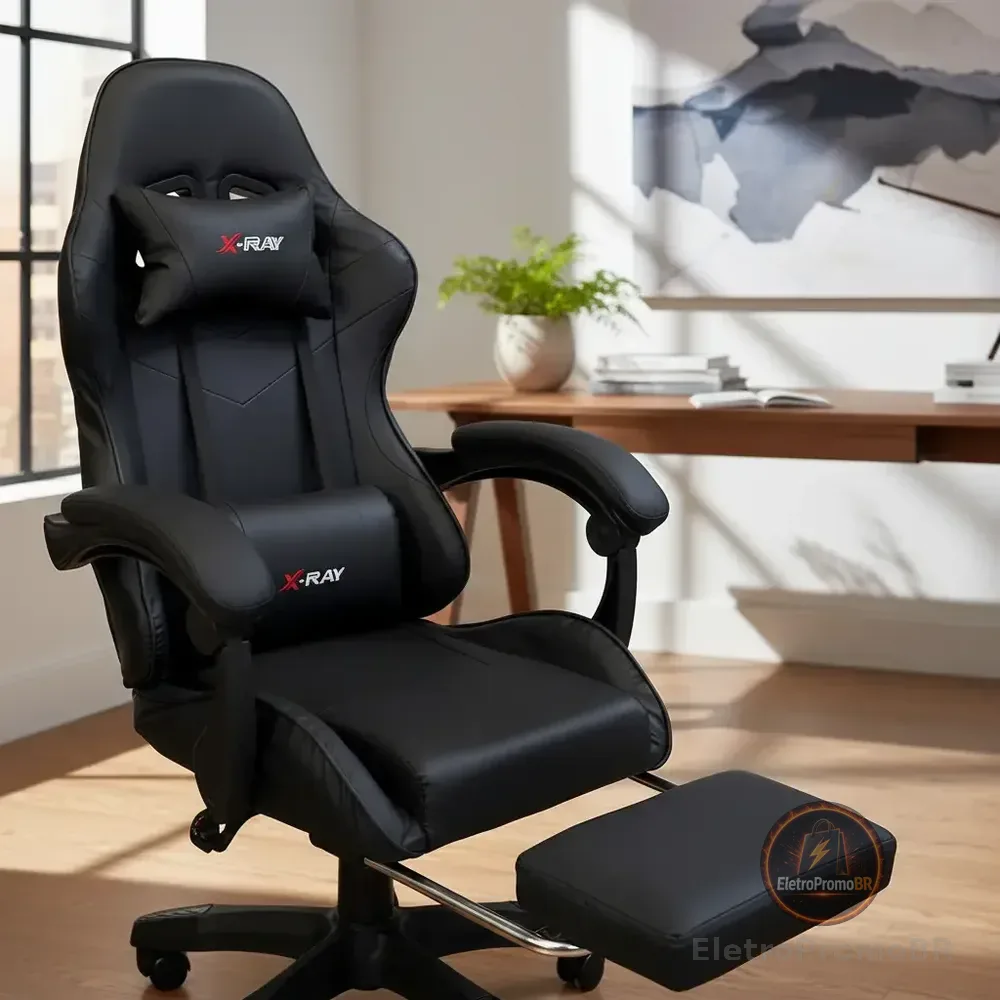 Cadeira Gamer Reclinável X-ray Fit Preta Ergonômica Com Apoio Para Pés Preto Couro Sintético