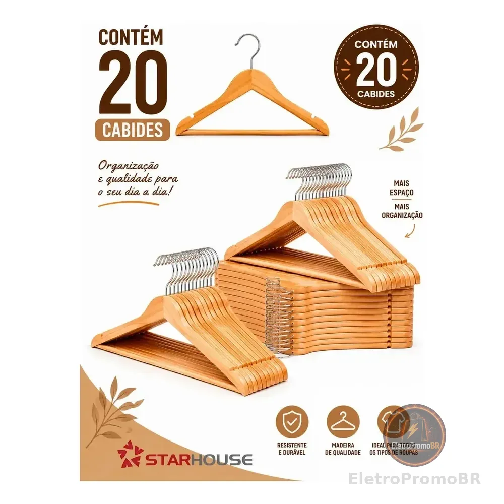 Kit 20 Cabides De Madeira Marfim Com Verniz Roupas Gancho Metal Giratório Starhouse Marrom-claro