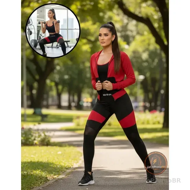 Kit Conjunto Calça Legging Top Jaqueta Feminino Fitness 3pçs