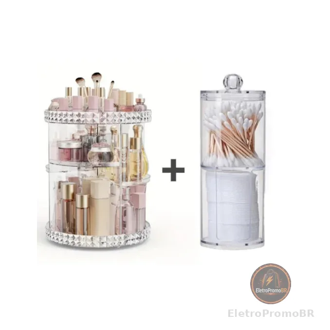 Kit De Organizador De Cosmético Maquiagem Acrílico Giratório 360º + Organizador Acrílico Porta Algodão E Cotonete 2 Em 1 Multifuncional