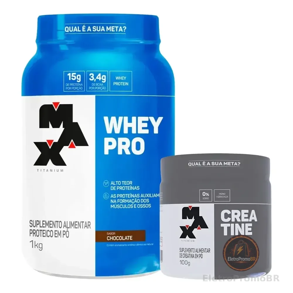 Kit Max Titanium: Creatina Monohidratada 300g Sem Sabor + Whey Pro Chocolate 1kg