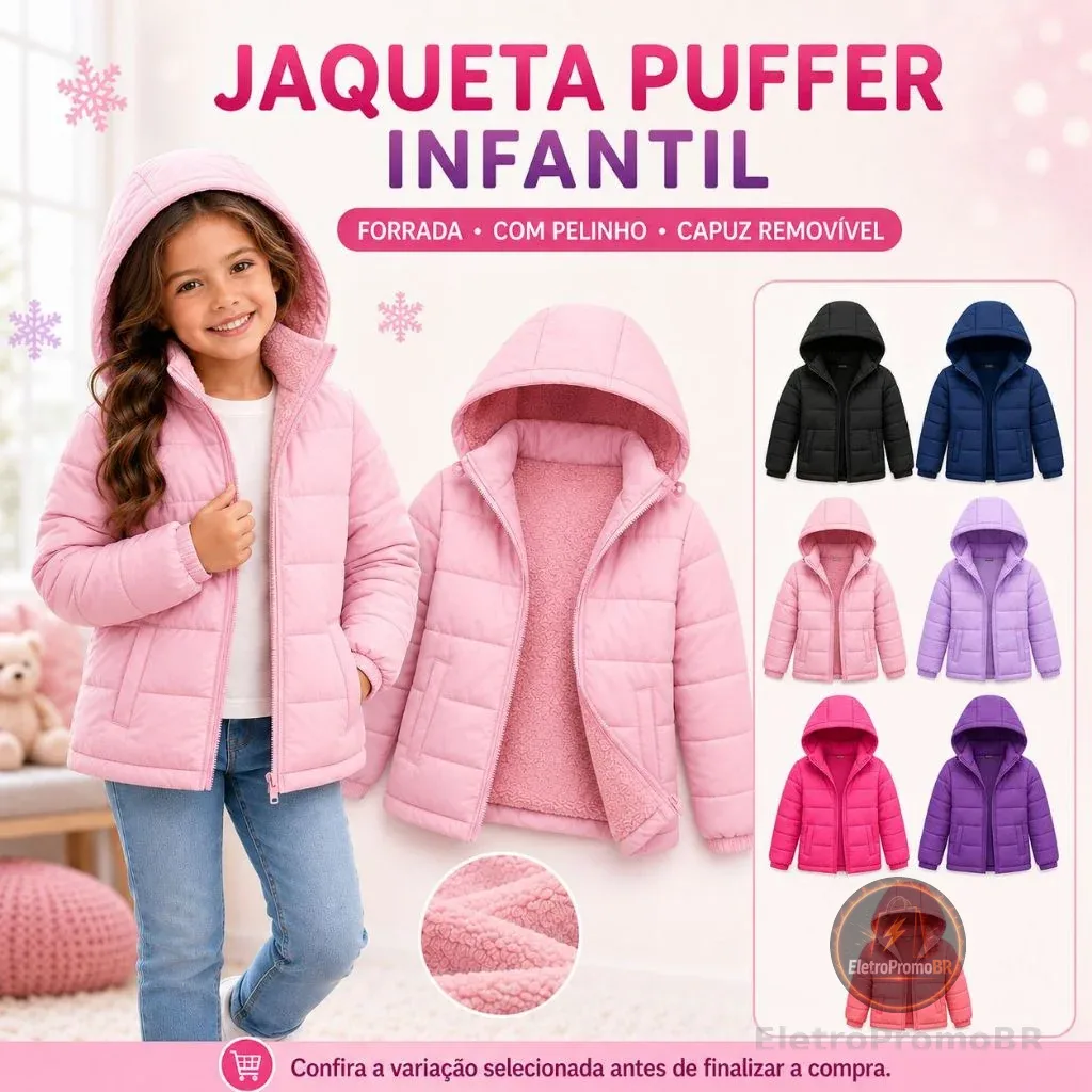 Jaqueta Puffer Infantil Feminina Bobojaco Pelinho Forrada Capuz Removivel Frio Intenso