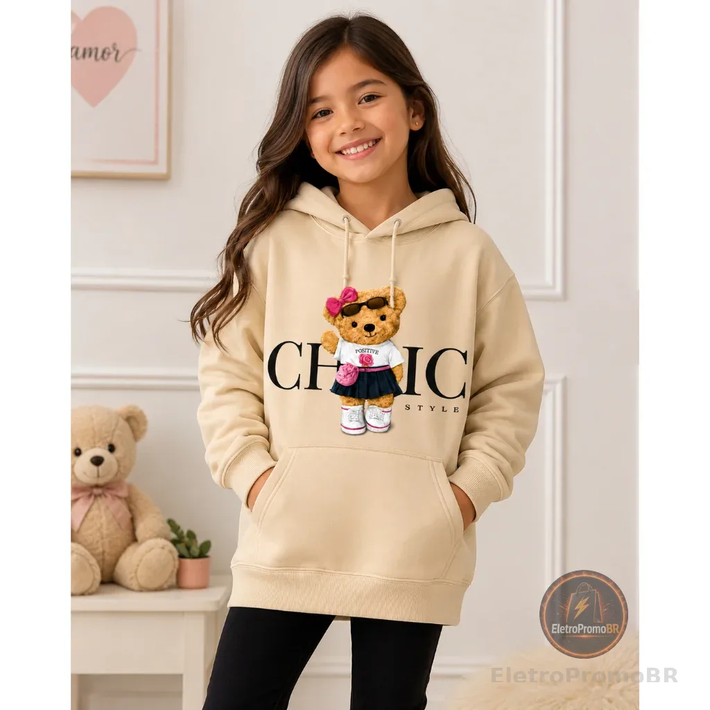 Moletom Infantil Ursinha Chic Style Com Capuz e bolso algodão quentinho entrega rapida 02 ao 16