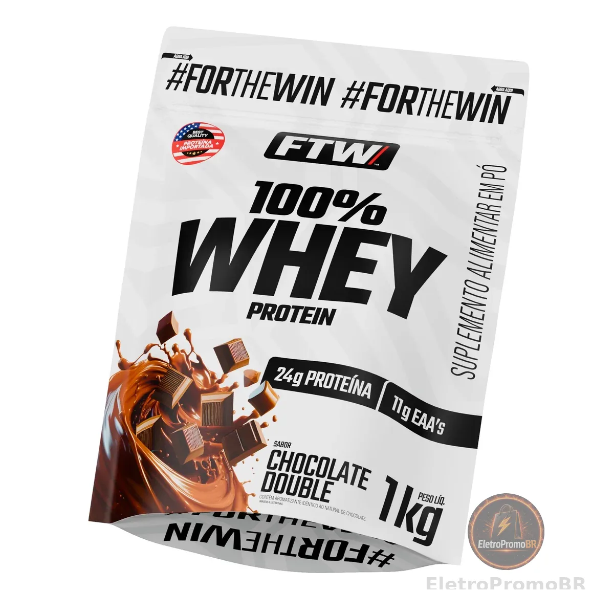 FTW 100% Whey Protein com Proteína Concentrada WPC, para Atletas com Alto Valor Biológico, Suplemento Pós-Treino Sem Glúten - Refil 1kg (Chocolate Double)